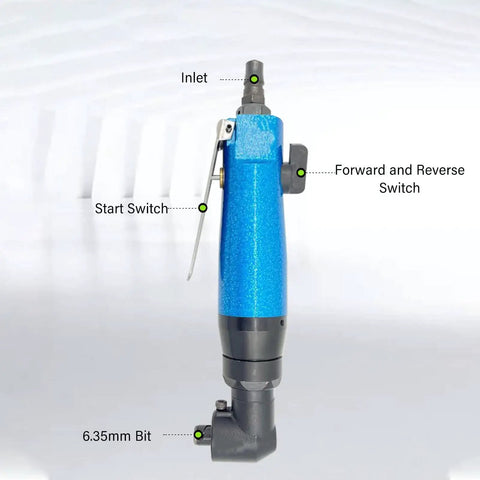 Pneumatic Right Angle Grinder With 9000 RPM Air Motor And Tight Locking Collet for precise glass ceramic polishing, showing switches and 6.35mm bit.