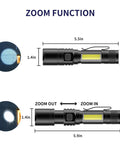 Diagrams of USB Rechargeable UV Flashlight 395nm Blacklight With 7 Modes, illustrating zoomable beam and dimensions