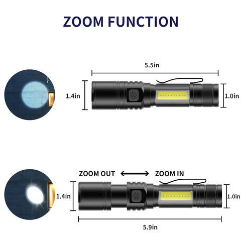 Diagrams of USB Rechargeable UV Flashlight 395nm Blacklight With 7 Modes, illustrating zoomable beam and dimensions