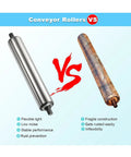 Smooth Operator Stainless Steel Conveyor Roller Idler With Adjustable Shaft Length Up To Forty Inches and comparison to rusty roller.