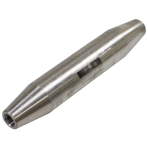Beefy Rear Tine Tiller Shaft For Horse I II III And MTD Seven Inch Length One And A Quarter Inch Outer Diameter Half Inch Female Threads Three Keyways Tapers To.735 Direct Fit Replaces 1026A, viewed at an angle showing threads and taper.
