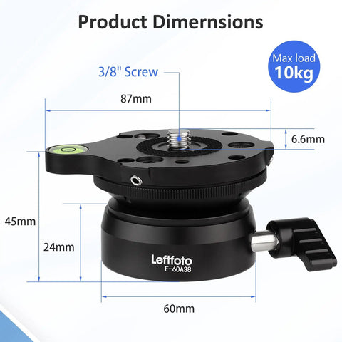 Precision Tripod Leveling Base Plate Half Ball Leveler with 360 Degree Rotation and 15 Degree Tilt dimensions illustration