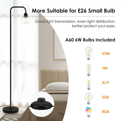 Cool Industrial Glass Globe LED Floor Lamp 63 Inch Tall Black Standing Reading Light For Living Room with bulb options.