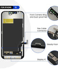 Close-up of iPhone 13 screen replacement kit showing front camera ring, flex cable connector, steady frame, and display IC.