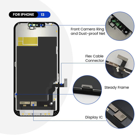 Close-up of iPhone 13 screen replacement kit showing front camera ring, flex cable connector, steady frame, and display IC.