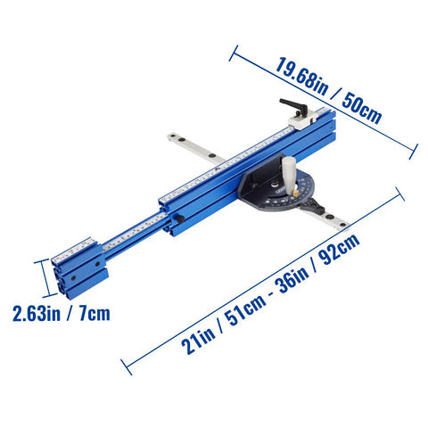 Beefy Aluminum Miter Gauge For Table Saw With Telescoping 20 To 36 Inches Fence, Repetitive Cut Flip Stop, blue tool with measurements