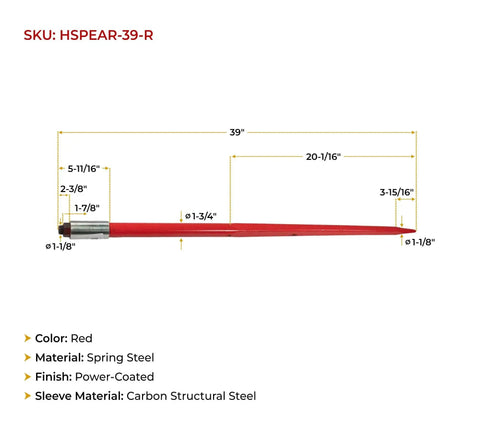 39 Inch Bale Spear For Quick Attach, Heavy Duty Hay Fork With 3000 Lb Capacity, 7/8 Inch Front Diameter, Red Powder Coated Bale Forks