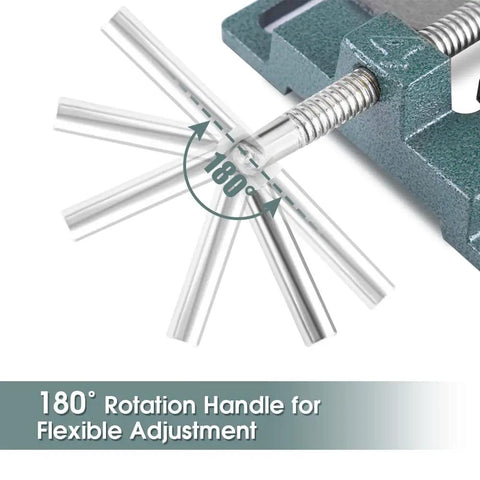 Built Tough 6 Inch Drill Press Vise Cast Iron Bench Clamp featuring 180° rotation handle for flexible adjustment.