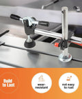 Dead Legit Sliding Table Saw Clamp And Presser Featuring Rugged Cast Iron Build With Comfy Anti Slip Grip For Precision Woodworking, close-up view showcasing clamp on a saw.