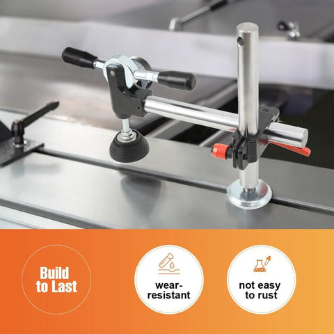 Dead Legit Sliding Table Saw Clamp And Presser Featuring Rugged Cast Iron Build With Comfy Anti Slip Grip For Precision Woodworking, close-up view showcasing clamp on a saw.