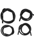 Upgrade Your Ride With Jecoupoon 5 Ft Silicone Vacuum Hose Kit, Features Four Common Sizes Including 5/32, 1/4, 5/16 And 3/8 Inch Tubing For Easy Engine Bay Routing, High Temp Heat Resistance, Flexibility That Lasts, Perfect For Auto Repair Shop Projects. Four black silicone vacuum hose coils shown on white background.