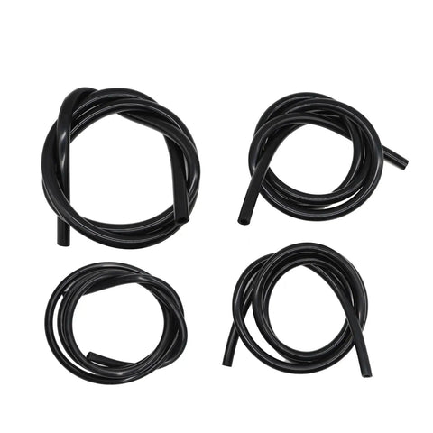 Upgrade Your Ride With Jecoupoon 5 Ft Silicone Vacuum Hose Kit, Features Four Common Sizes Including 5/32, 1/4, 5/16 And 3/8 Inch Tubing For Easy Engine Bay Routing, High Temp Heat Resistance, Flexibility That Lasts, Perfect For Auto Repair Shop Projects. Four black silicone vacuum hose coils shown on white background.
