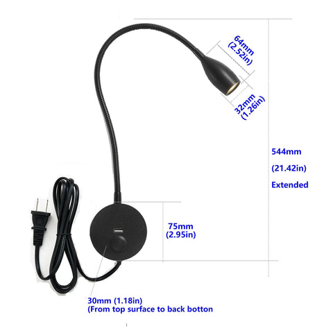 Dimmable LED Wall Reading Light With USB Charging Port For Late Night Reading And Work Gooseneck Bedside Lamp With Flexible Arm 3W Nickel Finish 120V Plug In Warm White Glow displayed with dimensions