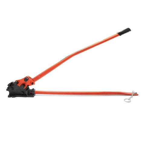 Workhorse Rebar Cutter And Bender For 5/8 Inch Steel, built tough with shear cut blades and mountable for leverage, side view.