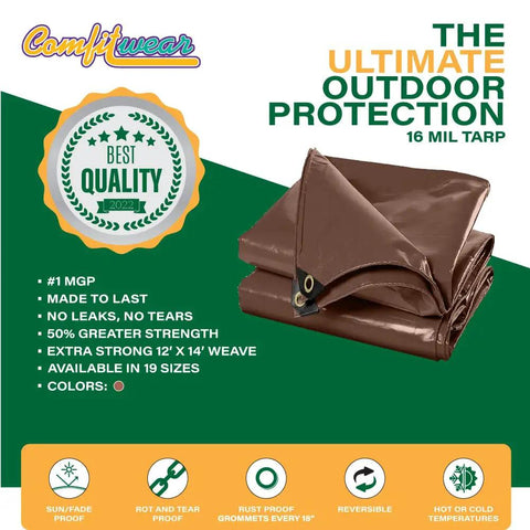 16 Mil Heavy Duty Tarp Cover Built To Last 20x30 Feet Brown Weatherproof Waterproof Tear Resistant With Reinforced 18 Inch Grommets
