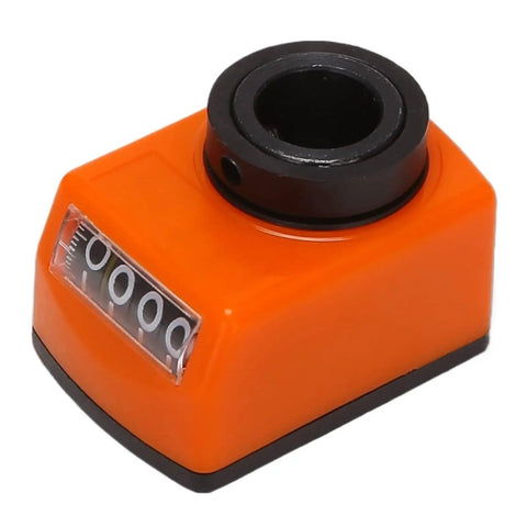 One Piece 14mm Digital Position Indicator Counter With 4-Digit Display For Milling Machines And Lathes Hollow Shaft Mount Direct Install On Main Spindle No Adapters Needed Tracks Feed Rate And Indexing Based On Lead Screw Pitch, orange plastic body