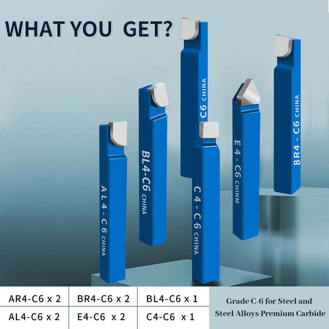 Front view of a 10-piece blue carbide-tipped lathe tool set with 1/4" shank for turning, boring, chamfering