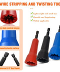 Close-up of three colorful wire twister tools with ten hole conical sleeves for drills. Fast Wire Twister Tool for Spin Twist Wire Connectors.