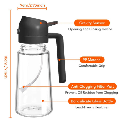 Smooth Operator Sixteen Oz Glass Olive Oil Spray Bottle With Dual Pour And Sprayer Function Drip Free Build For Grilling Roasting And Healthy Cooking Bpa Free Matte Black Kitchen Ace showing gravity sensor and anti-clogging design.