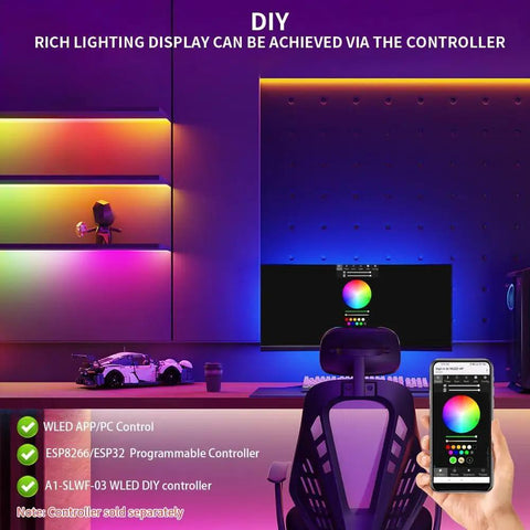 Gaming desk with colorful RGB lighting display using Individually Addressable LED Strip Light With WS2812B IC, shown in setup.