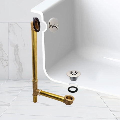 Brass Trip Lever Bath Waste and Overflow With Grid Drain 22.5 Inch Reach 17 Gauge Tubing Raised Beehive Grid Strainer For Smooth Drainage And Hair Catching Heavy Duty Tub Fixture