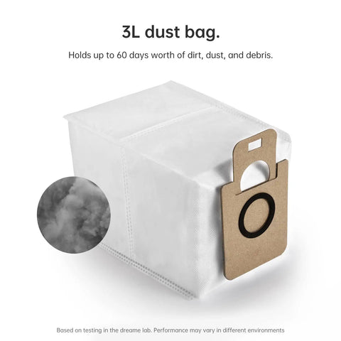 3L Dust Bags For L10s Ultra Robot Vacuum Replacement Kit with sealed lock design, showing dust capacity and packaging detail.