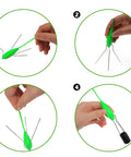 Four steps showing how to use Five Piece Sputnik Sinker Weights For Saltwater Surf Casting And Catfishing, Heavy Duty Long Tail Spider Sinkers.