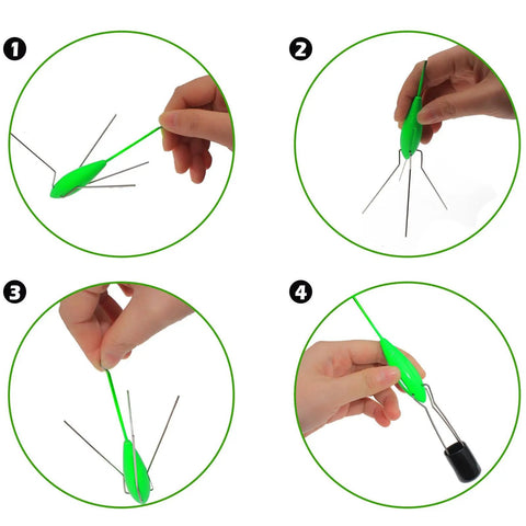 Four steps showing how to use Five Piece Sputnik Sinker Weights For Saltwater Surf Casting And Catfishing, Heavy Duty Long Tail Spider Sinkers.