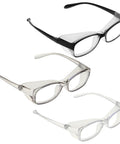 Three Pack Anti Fog Safety Glasses For Lab And Everyday Use With Scratch Resistant Lenses And Extended Side Shields in black, transparent, gray