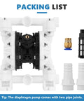 Pro Grade Air Operated Double Diaphragm Pump 15 GPM 1 Inch Port With Badass PTFE Diaphragms packing list showing pump and fittings.