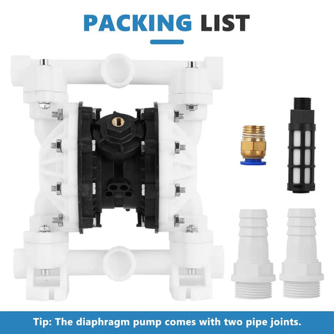 Pro Grade Air Operated Double Diaphragm Pump 15 GPM 1 Inch Port With Badass PTFE Diaphragms packing list showing pump and fittings.