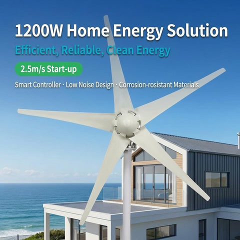 1200W Wind Power Generator Kit With 12V 24V Start 2.5 Meters Per Second Turbine installed on house rooftop