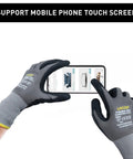 Endurance Knit Work Gloves With MicroFoam Nitrile Coating for Superior Grip, using touch screen, showing tacky dot grip, 6 pairs.