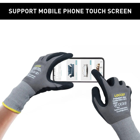 Endurance Knit Work Gloves With MicroFoam Nitrile Coating for Superior Grip, using touch screen, showing tacky dot grip, 6 pairs.