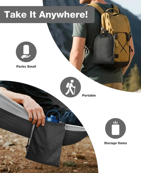 Rugged Trail Ready Camping Hammock With Up To 700 Pound Capacity Includes 2 Tree Straps And Attached Carry Bag shown in use outdoors