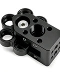 Black metal six position telescope filter wheel coaxial mount for 0.5 inch, 1 inch, and 2 inch filters, ideal for deep sky photography.