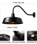 Gooseneck Barn Lights Outdoor Dusk To Dawn Sensor, 18 Inch Diameter Exterior Farmhouse Lighting, Black Finish, Dimensions Shown