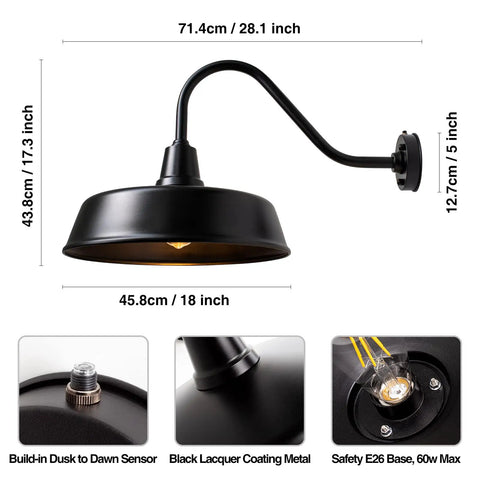 Gooseneck Barn Lights Outdoor Dusk To Dawn Sensor, 18 Inch Diameter Exterior Farmhouse Lighting, Black Finish, Dimensions Shown