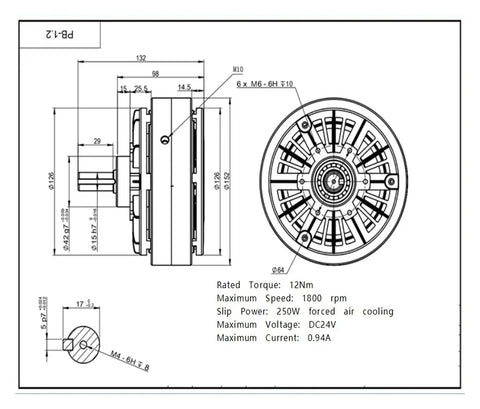 Diagram of Single Shaft Magnetic Powder Brake With 12Nm Torque, Precise Adjustable Brake Force, featuring dimensions and specifications.