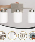 Brushed Nickel Vanity Light For Bathroom Mirrors Hits Different For Your Vanity Area Solid Pick With Etl Certified Ceramic E26 Socket Delivers Flawless Coverage. Three white glass shades on a brushed nickel bar.