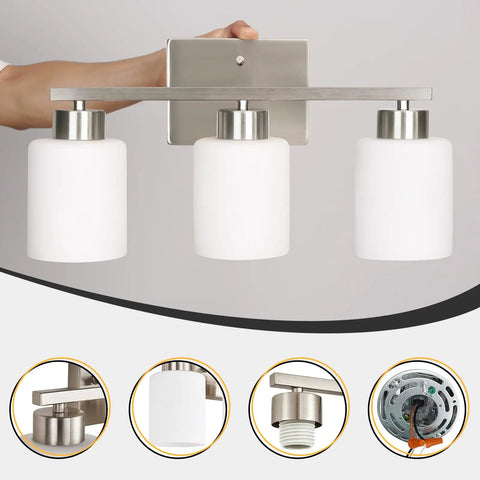 Brushed Nickel Vanity Light For Bathroom Mirrors Hits Different For Your Vanity Area Solid Pick With Etl Certified Ceramic E26 Socket Delivers Flawless Coverage. Three white glass shades on a brushed nickel bar.