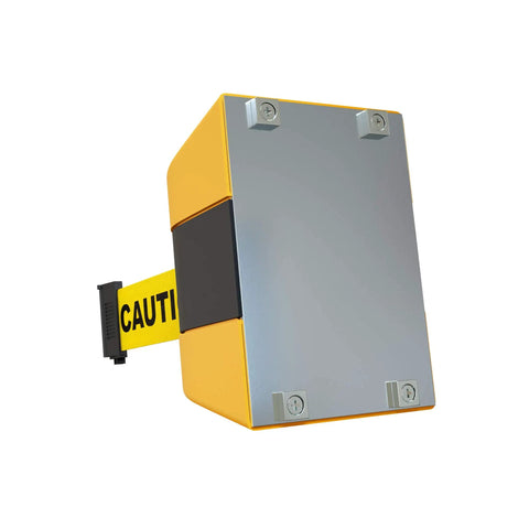Magnetic Wall Mount Retractable Belt Barrier With Fifteen Foot Reach Yellow ABS Case, close view of wall attachment side.