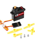 4.3G Micro Servo Motor With Metal Gear for RC cars and Arduino projects, includes control arms and screws, black and yellow set