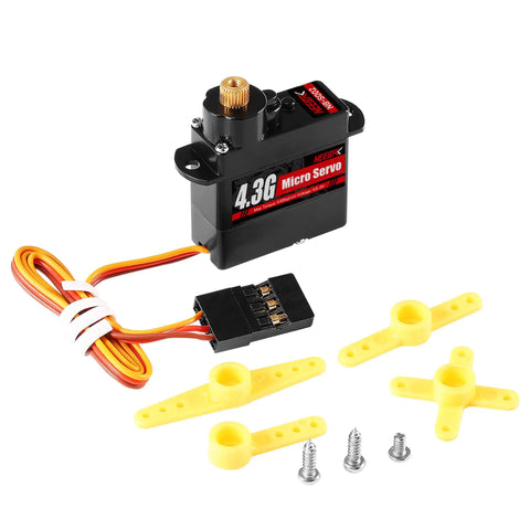 4.3G Micro Servo Motor With Metal Gear for RC cars and Arduino projects, includes control arms and screws, black and yellow set