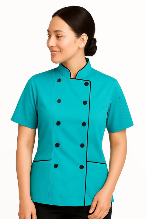 Pro Level Short Sleeve Tailored Fit Chef Jacket For Women Smooth Turquoise Double Breasted with cloth buttons and thermometer pocket.