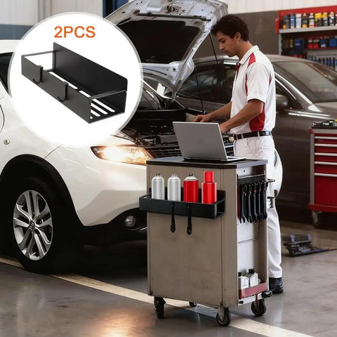 Mechanic using laptop next to car, Two Pack Magnetic Spray Bottle Holder With Four Hooks, Wall Mounted Organizer for spray cans, black finish
