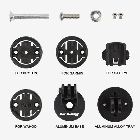 Beefy Adjustable Out Front Bike Computer Mount accessories, multi-brand fit, aluminum base, 1-1/8 inch steerer tube compatibility.