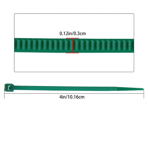 4 Inch 3mm Dark Green Nylon Garden Cable Zip Ties Self Locking Twist Ties shown with measurements, ideal for plants and trellises.
