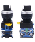 Two Twenty Two Millimeter Latching Rotary Selector Switch LA38-11X Two Pole DPST with NO NC, black blue silver tone, front view