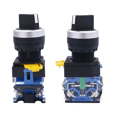 Two Twenty Two Millimeter Latching Rotary Selector Switch LA38-11X Two Pole DPST with NO NC, black blue silver tone, front view